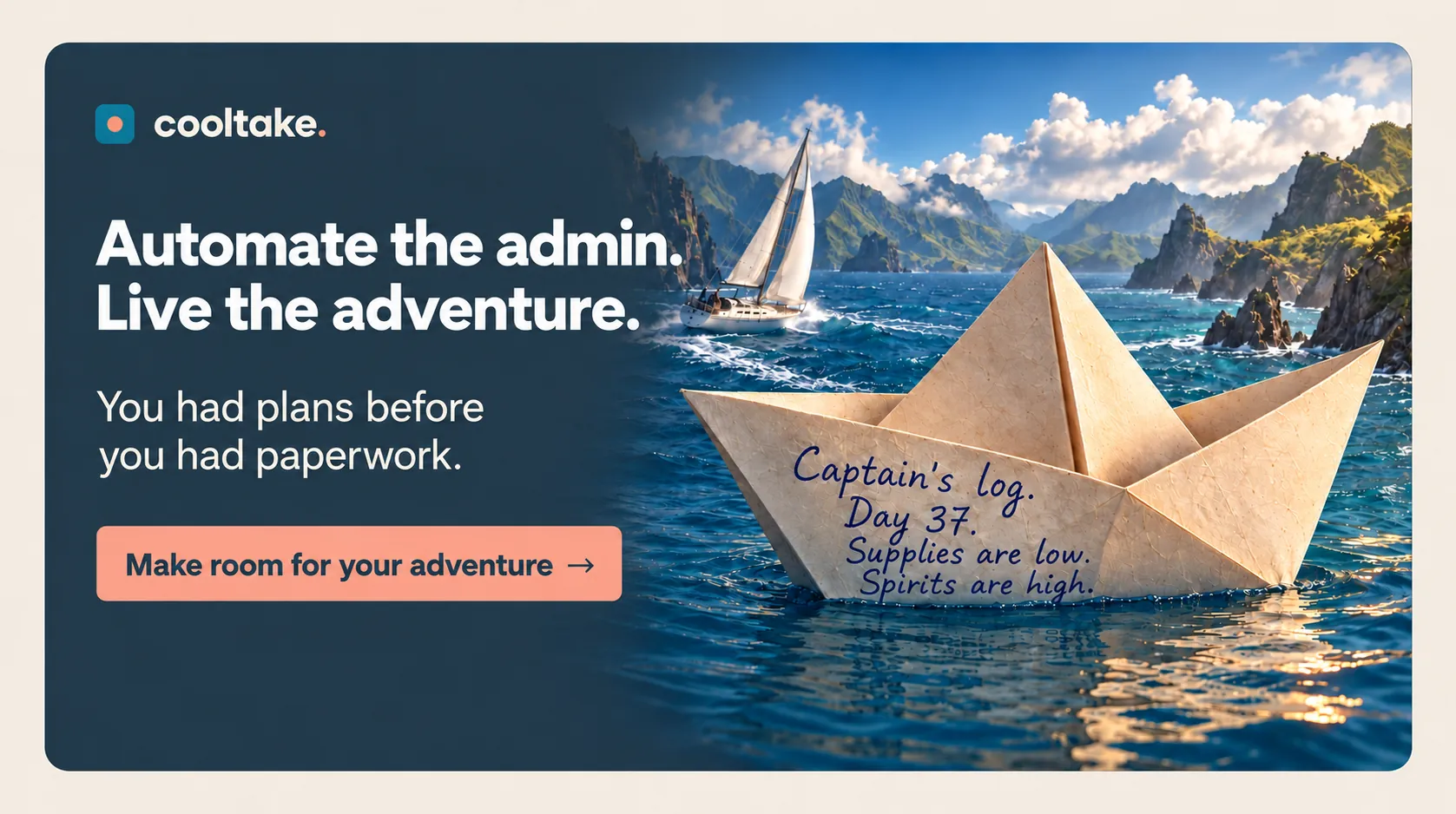 A paper boat made from a captain's log, with a real sailing adventure beyond it.